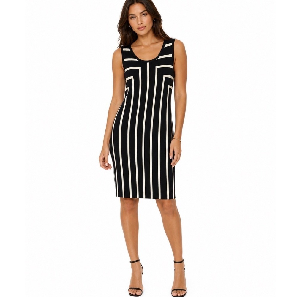 Adrienne Vittadini‎ Black Ivory Striped Sweater Dress Mod Geometric Bodycon | XL